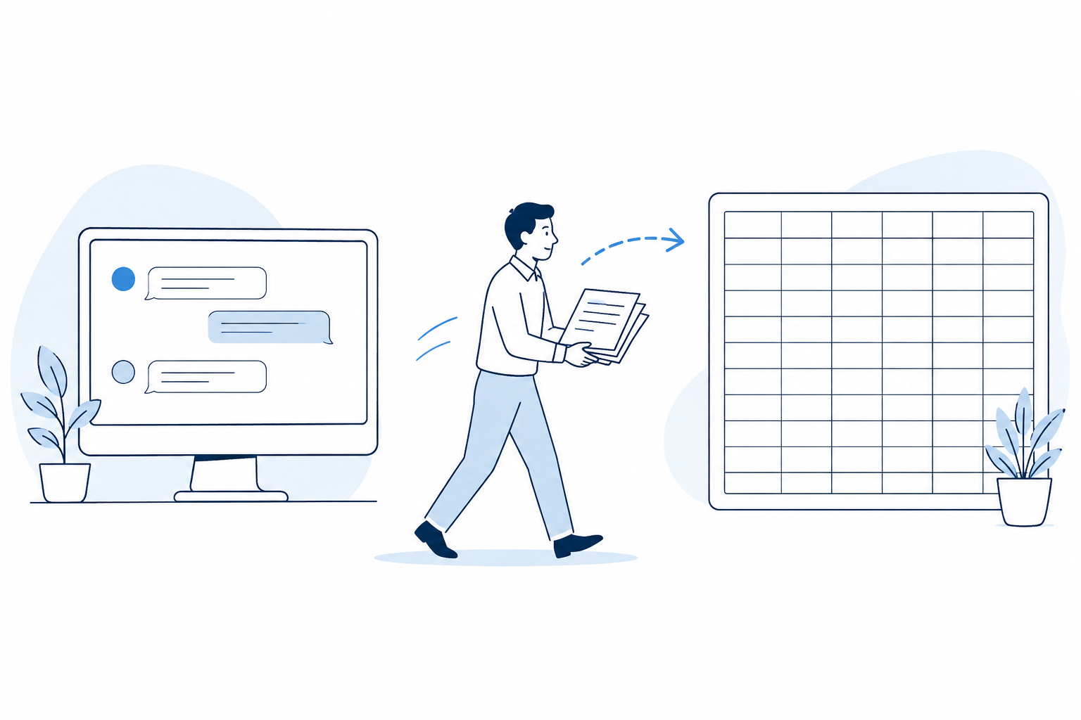 AIの回答を表へ移す作業を人が担うイラスト