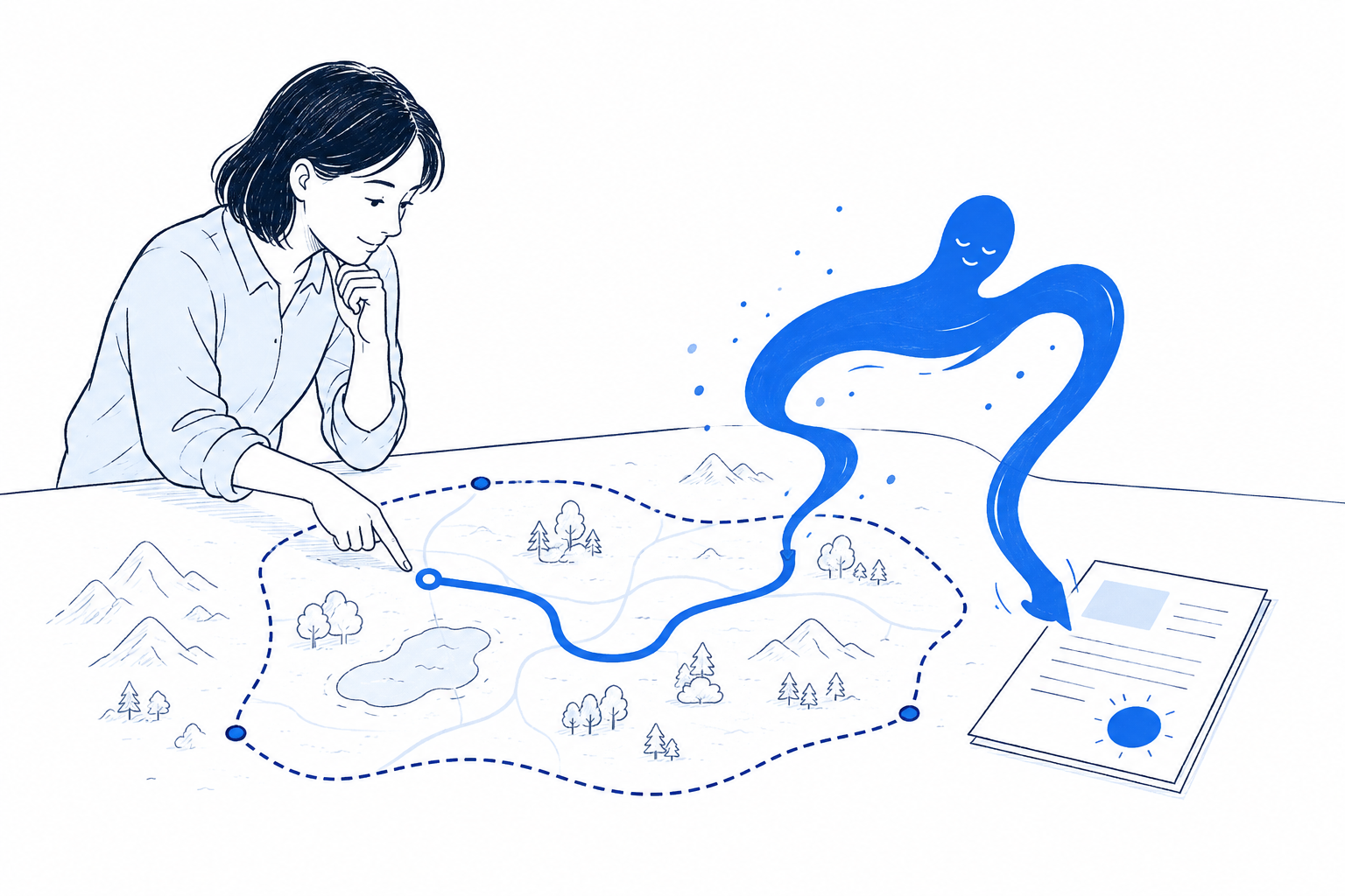 人が目的と条件を示しAIが道筋を考えるイラスト