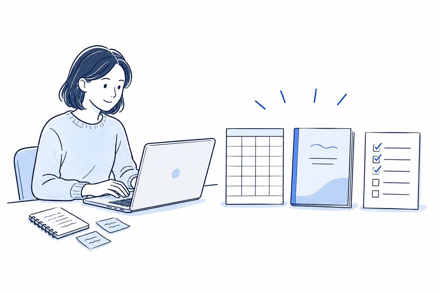 ノートPCで実際の仕事を形にするイラスト