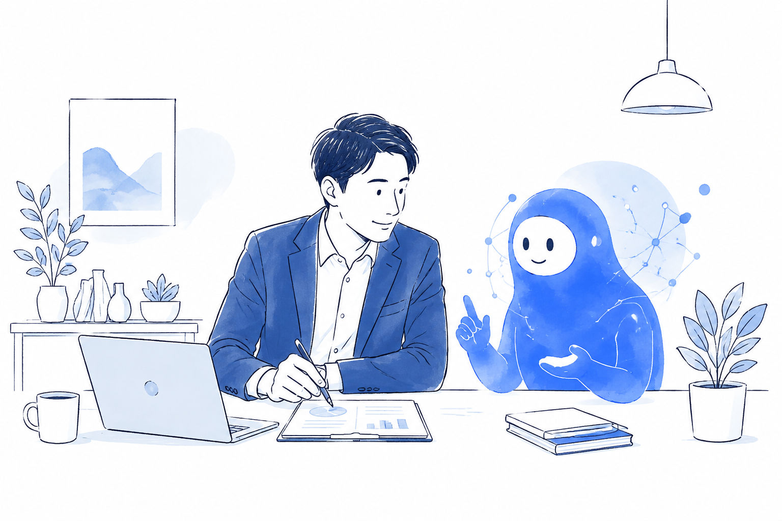 使い慣れた相棒と仕事を進めるイラスト