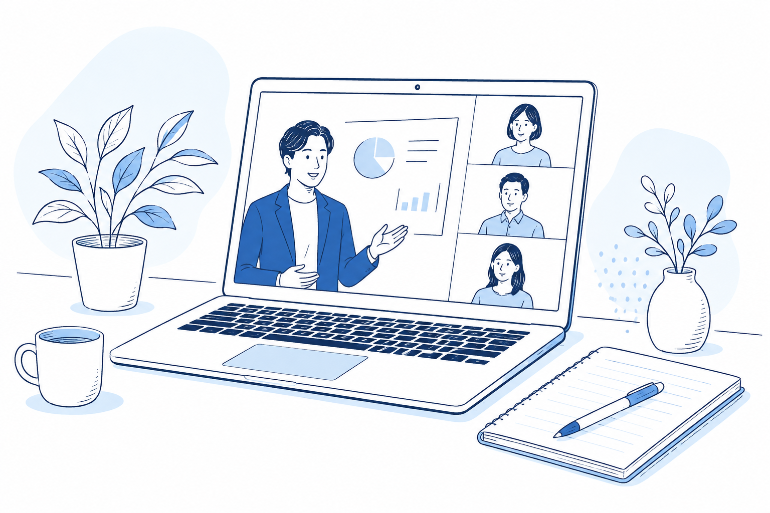 ノートPCでオンラインセミナーに参加するイラスト